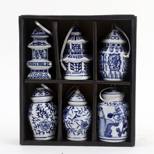 Pre-Sale Blue & White Chinoiserie Glass Ornament Set (6)