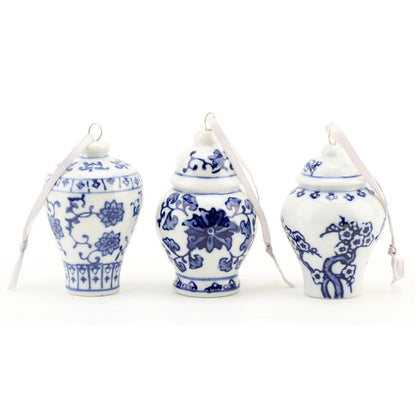 Danny’s Fine Porcelain - (6) Blue & White Porcelain Ginger Jar Ornament Set, 2.5" Tall