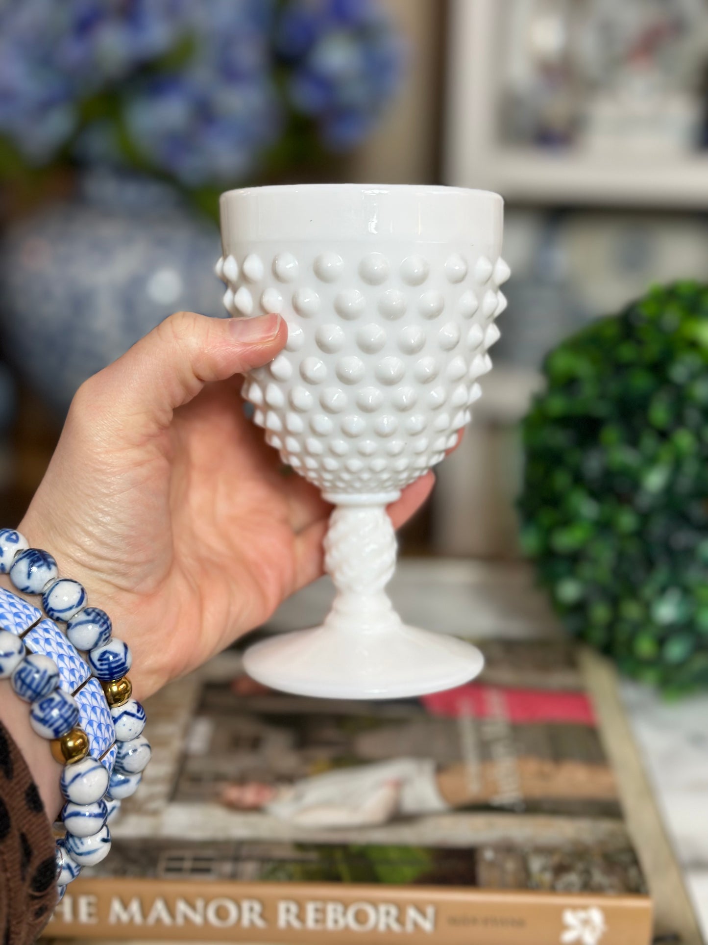 Vintage single milkglass Hobnail goblet, 6” tall, 3.5”D - pristine!