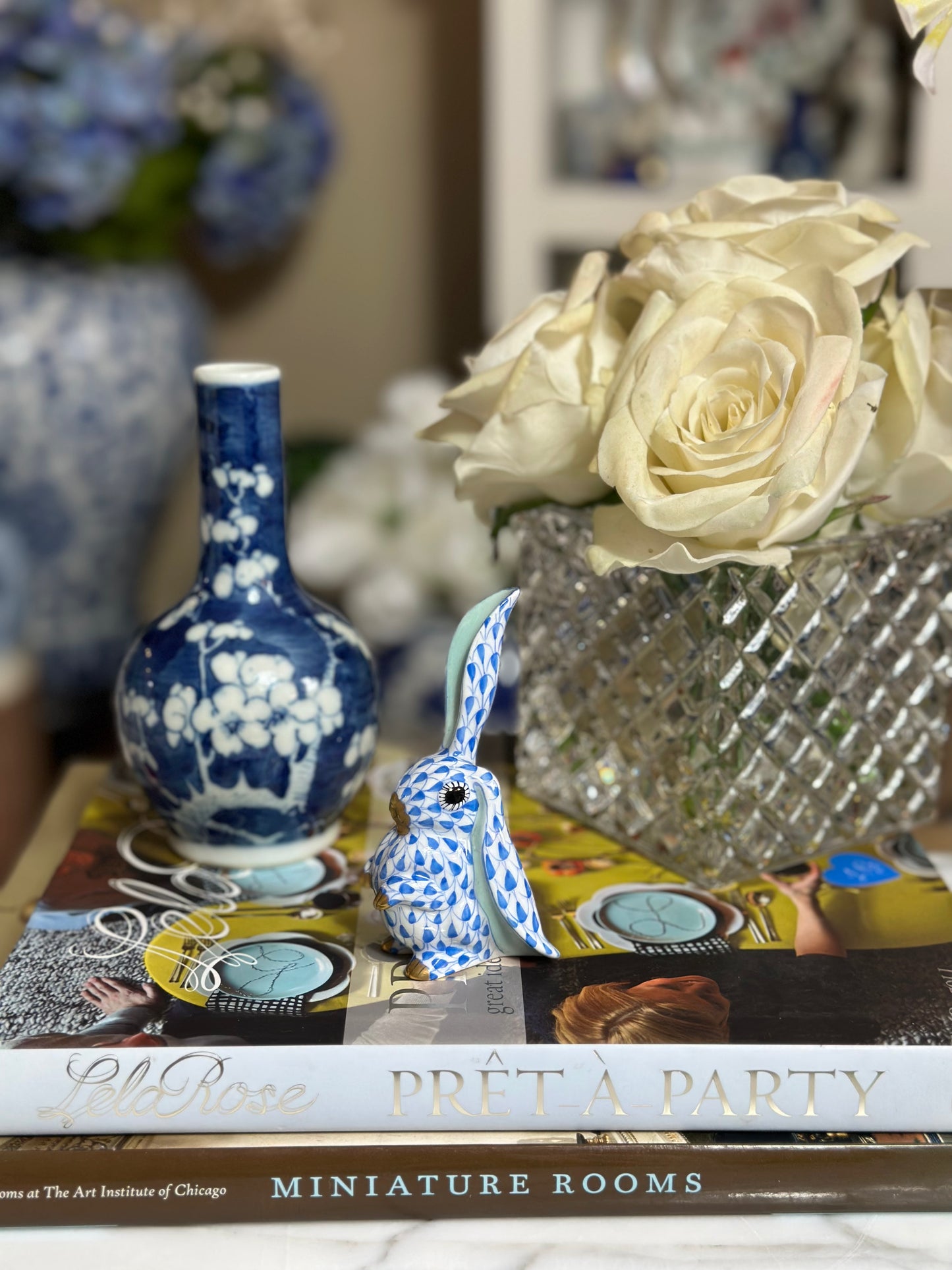 Herend Blue Fishnet Bunny Rabbit, One Ear Up, 4” tall, Retail $340 - Pristine!