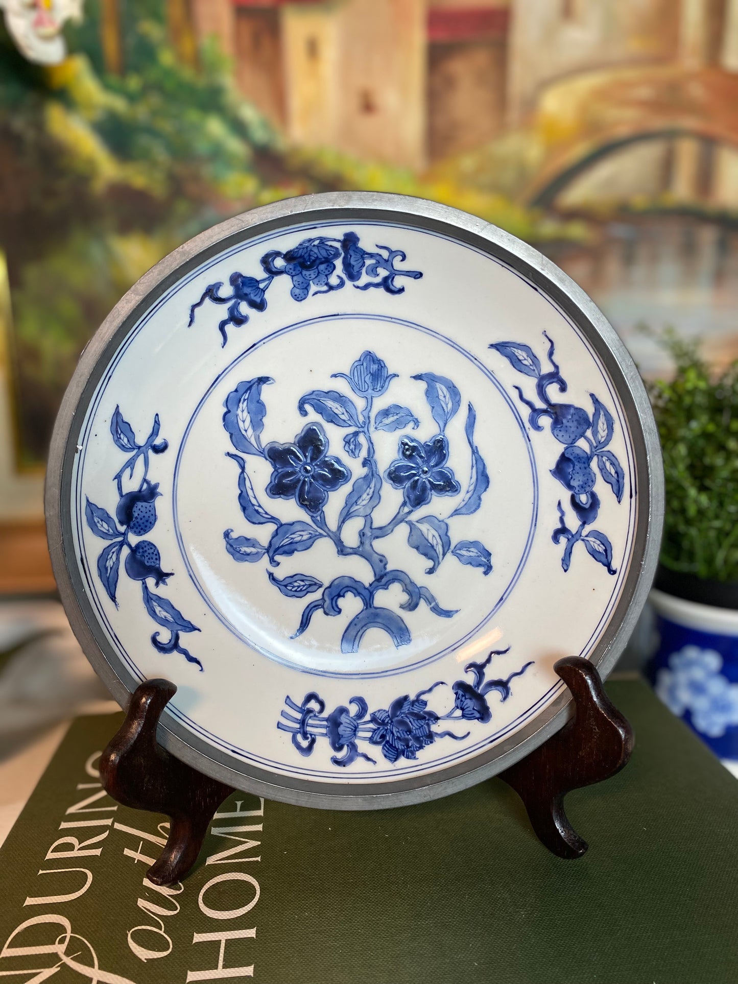 Vintage ACF Blue and White Pewter Porcelain Bowl, 8"D - Pristine!