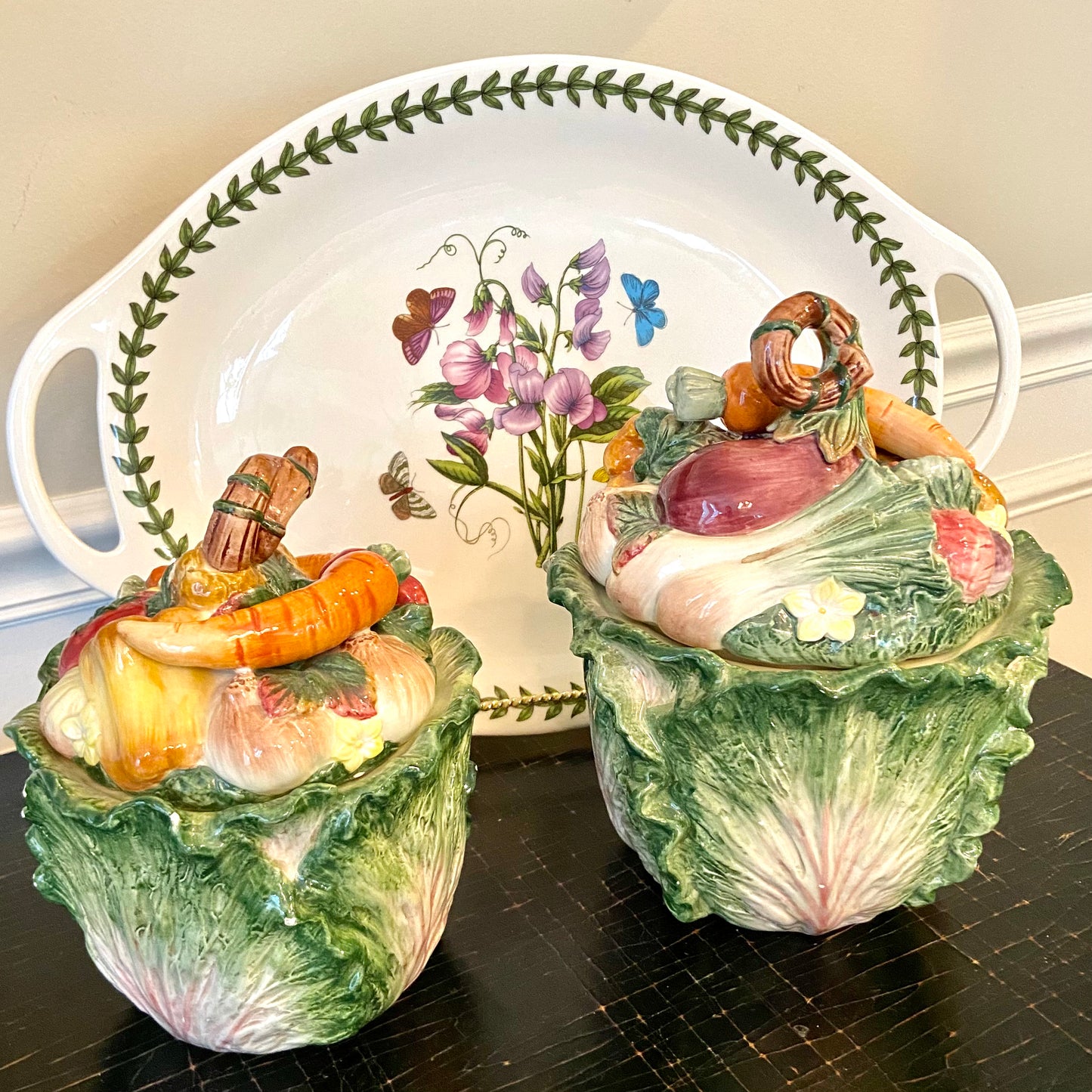 Vintage Set (2) Fitz & Floyd majolica style cabbage ware jars with lids - Excellent!