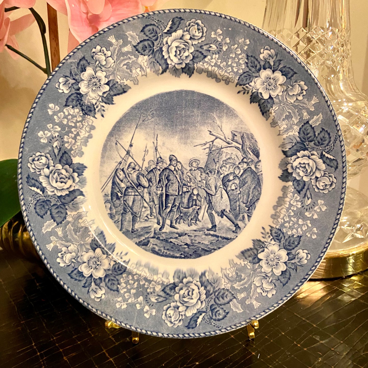 Vintage Blue & White “Landing of the pilgrims” 10”D Plate, Staffordshire - Pristine!