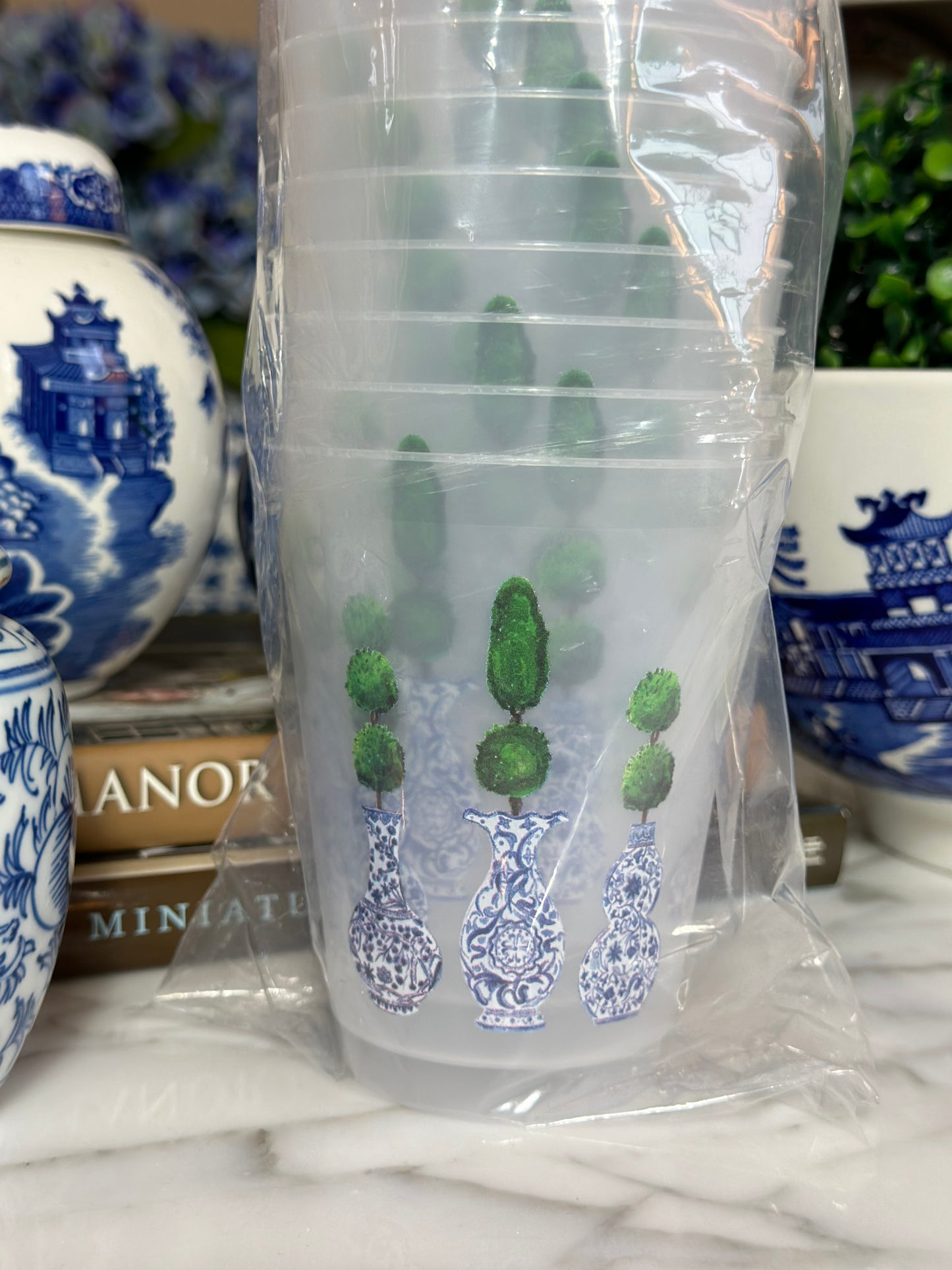 Blue & White Topiary Reusable Cup Set (10)