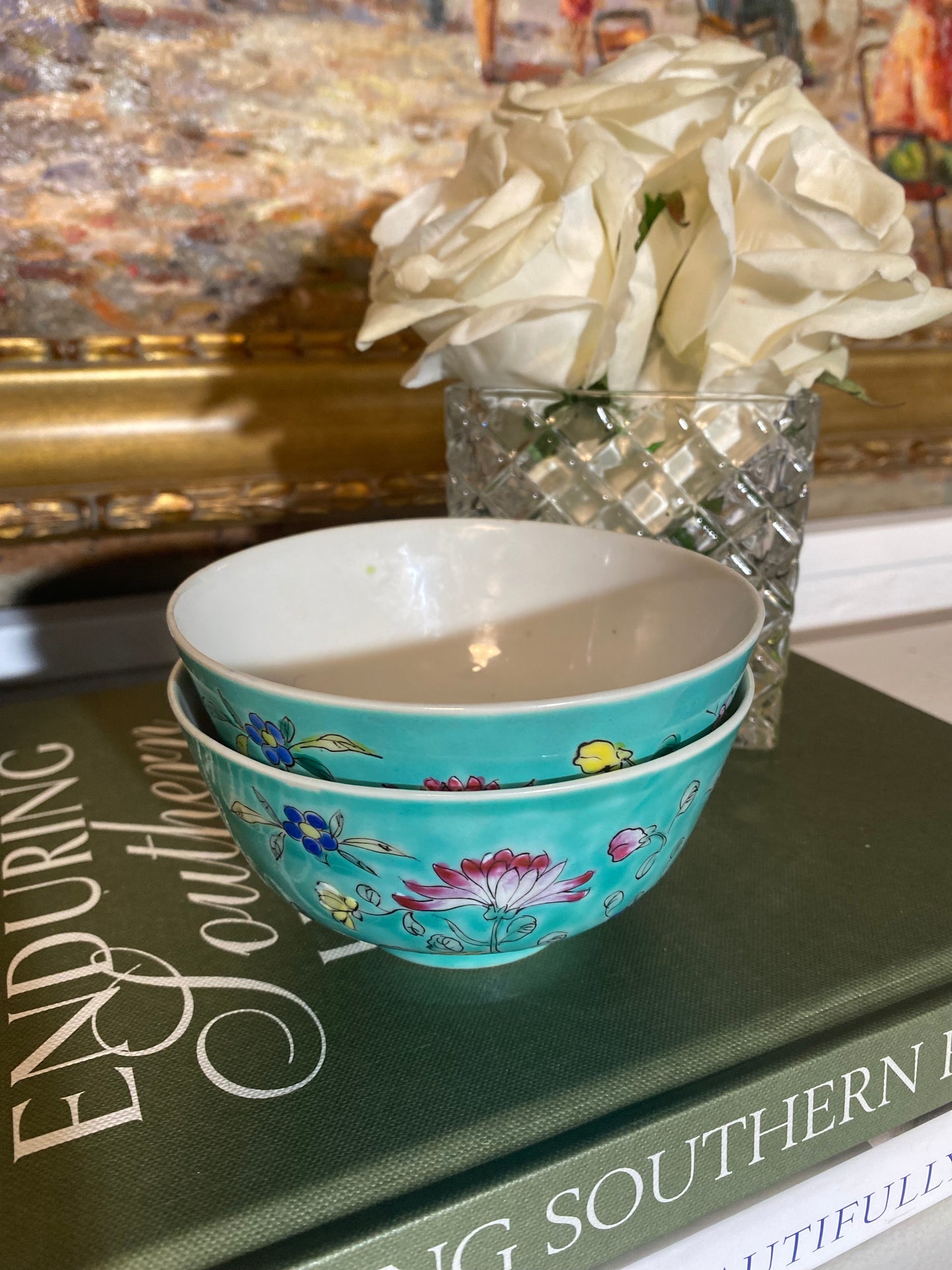 Chinese Antique Porcelain Floral Bowl with Turquoise Enamel - Qianlong or Early Republic Era