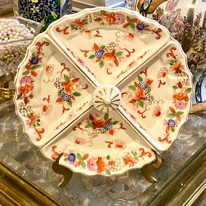 Vintage chinoiserie porcelain 4 section serving dish with handle.