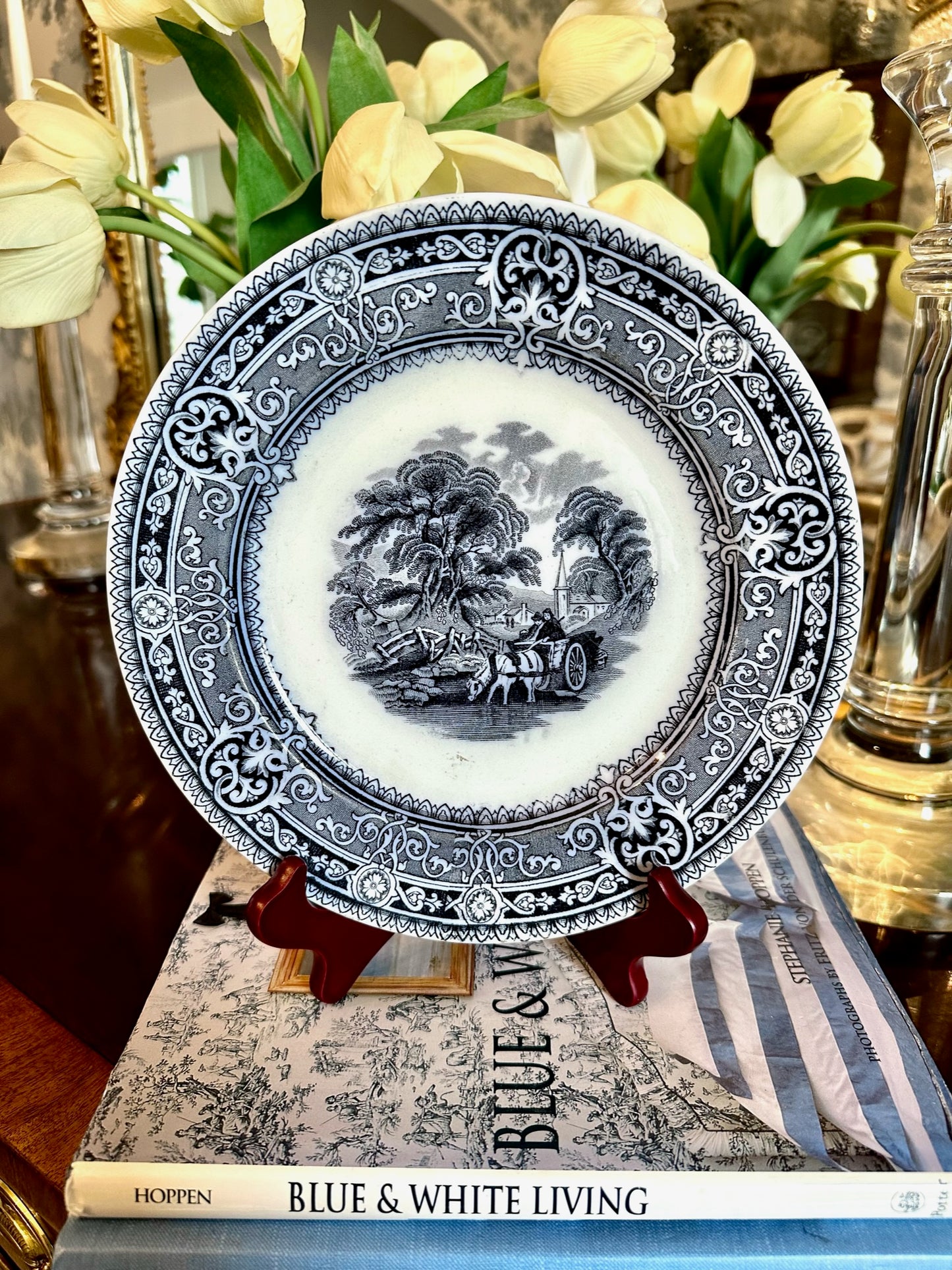 19thc Antique English Black Transferware Decorative Plate