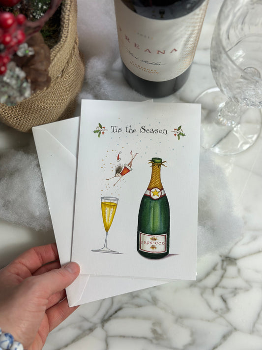 Caspari Single “Tis the season” Champagne paper card w/ Envelope