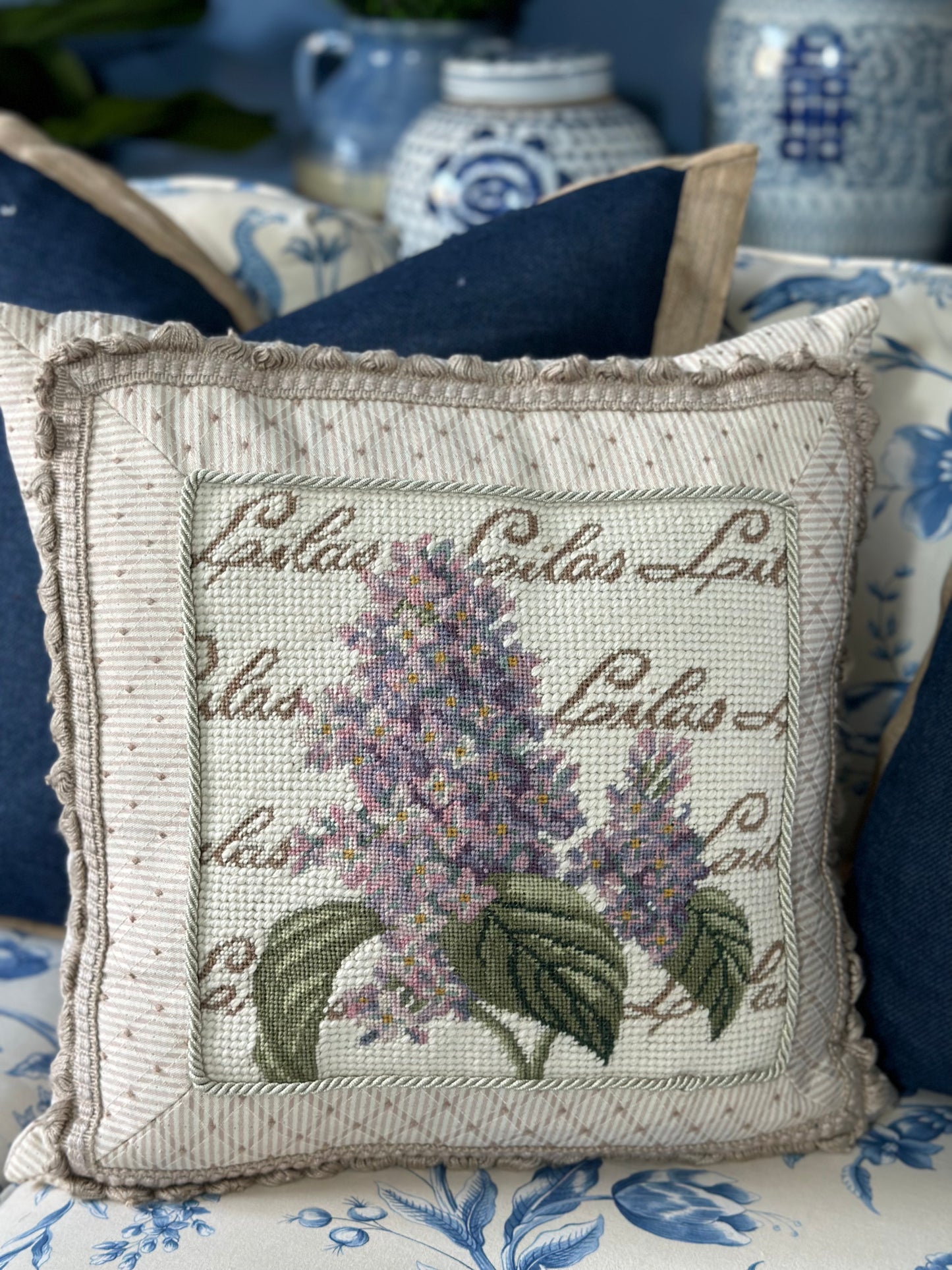 Vintage Needlepoint Pillow, Lilac- 14x14". Excellent Condition!