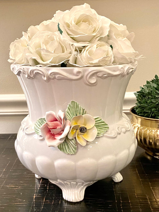 Gorgeous large vintage Italian chic white and floral footed centerpiece vase.