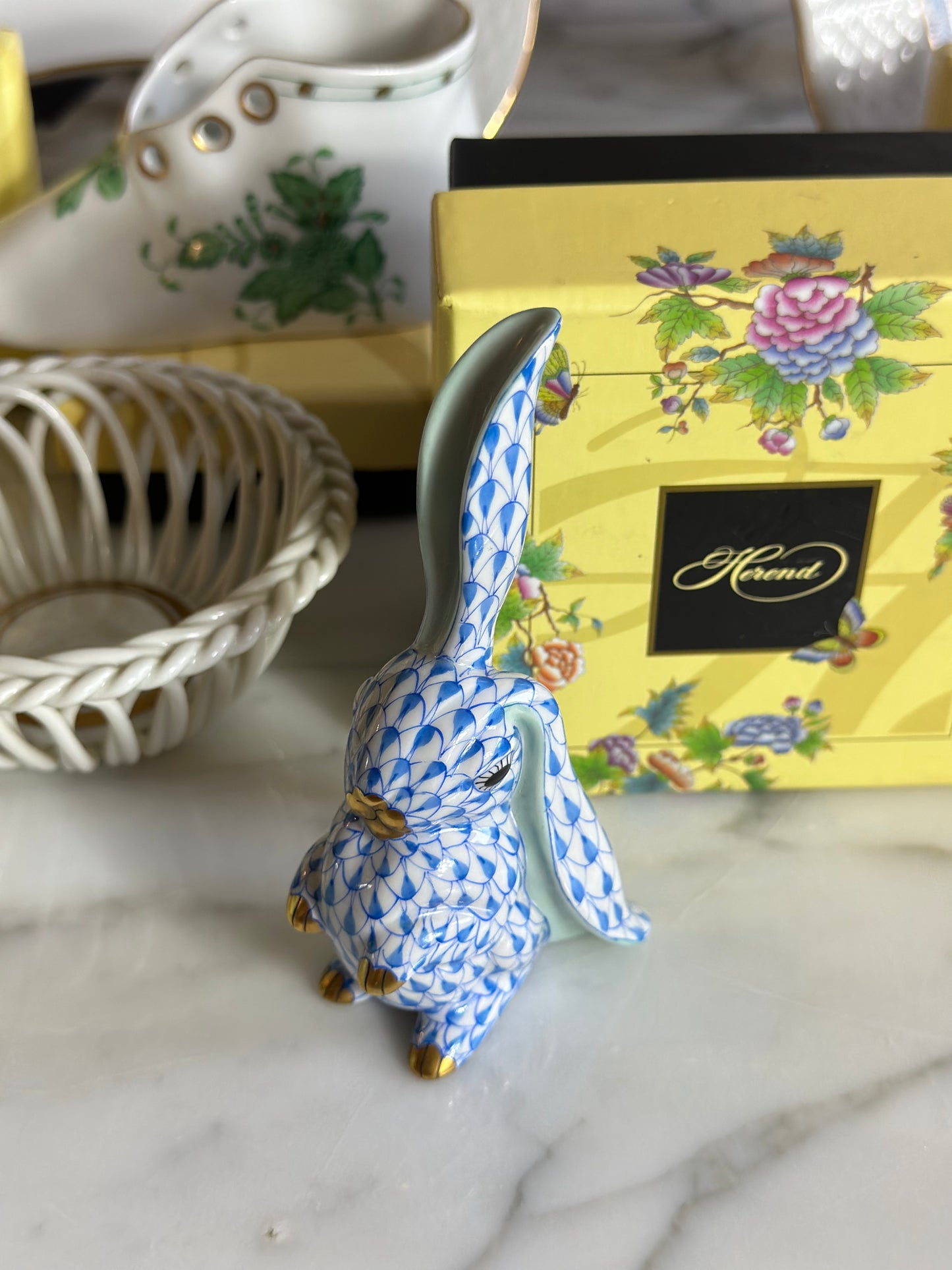 Herend Blue Fishnet Bunny Rabbit, One Ear Up, 4” tall, Retail $340 - Pristine!