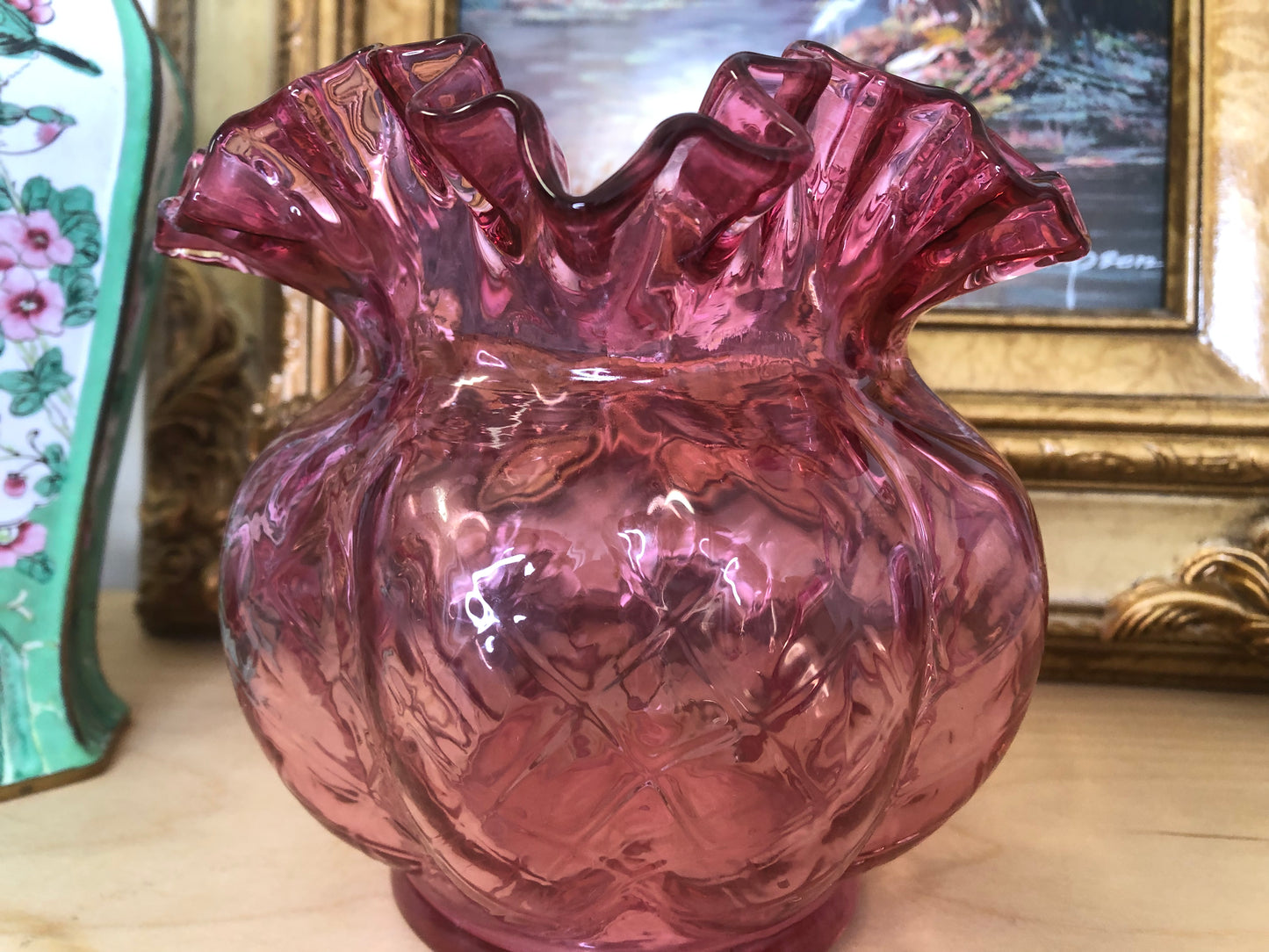 Vintage Fenton Ruffled Diamond Optic Ruby Vase - Pristine!