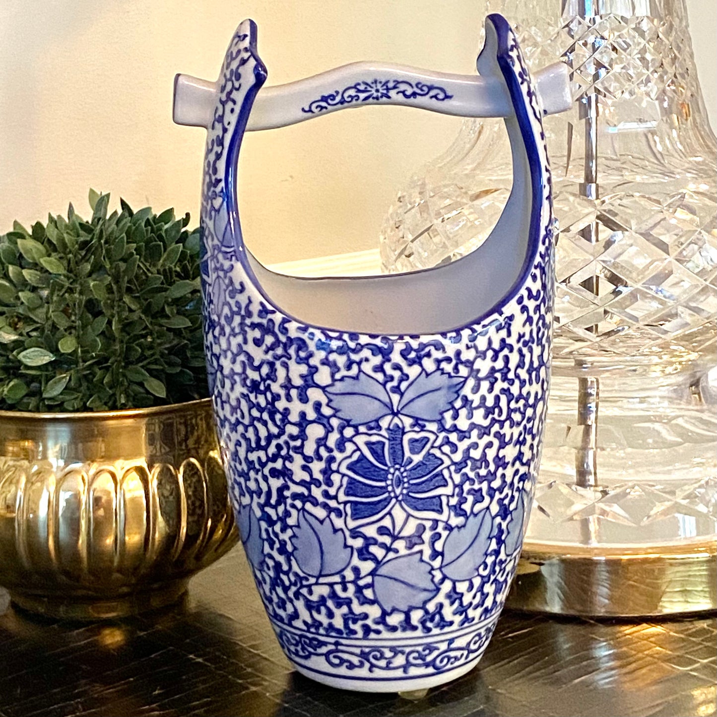 Vintage unique blue and white tall planter