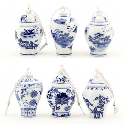 Danny’s Fine Porcelain - (6) Blue & White Porcelain Ginger Jar Ornament Set, 2.5" Tall