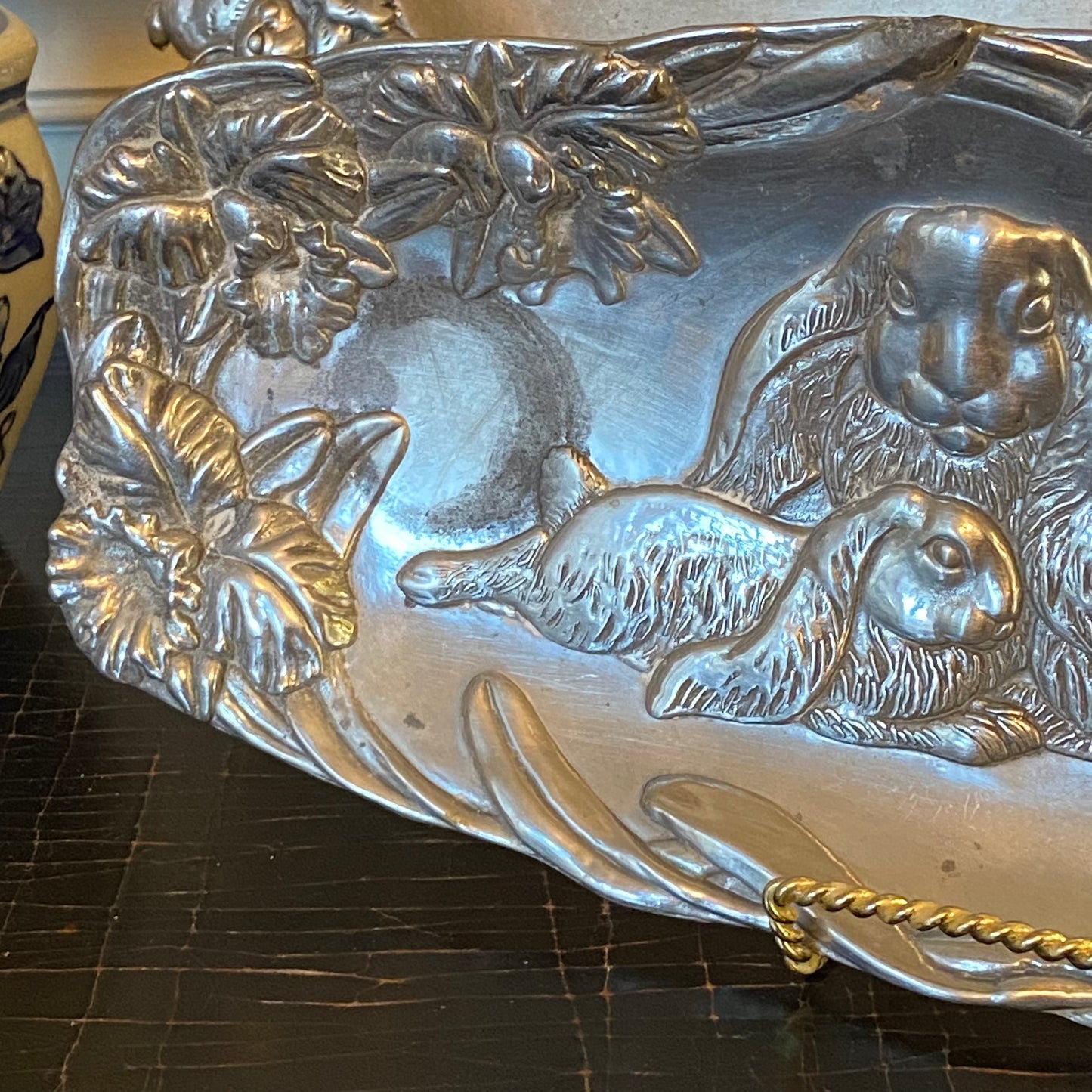 Set of two designer Arthur Court silver bunny rabbit platters. Circa 1998 and 1994 stamped