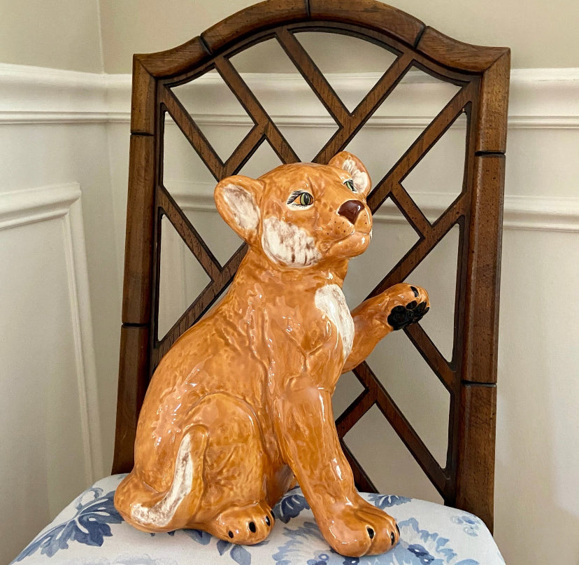 Lovely vintage Hollywood regency style lion cub ceramic custom statue decor