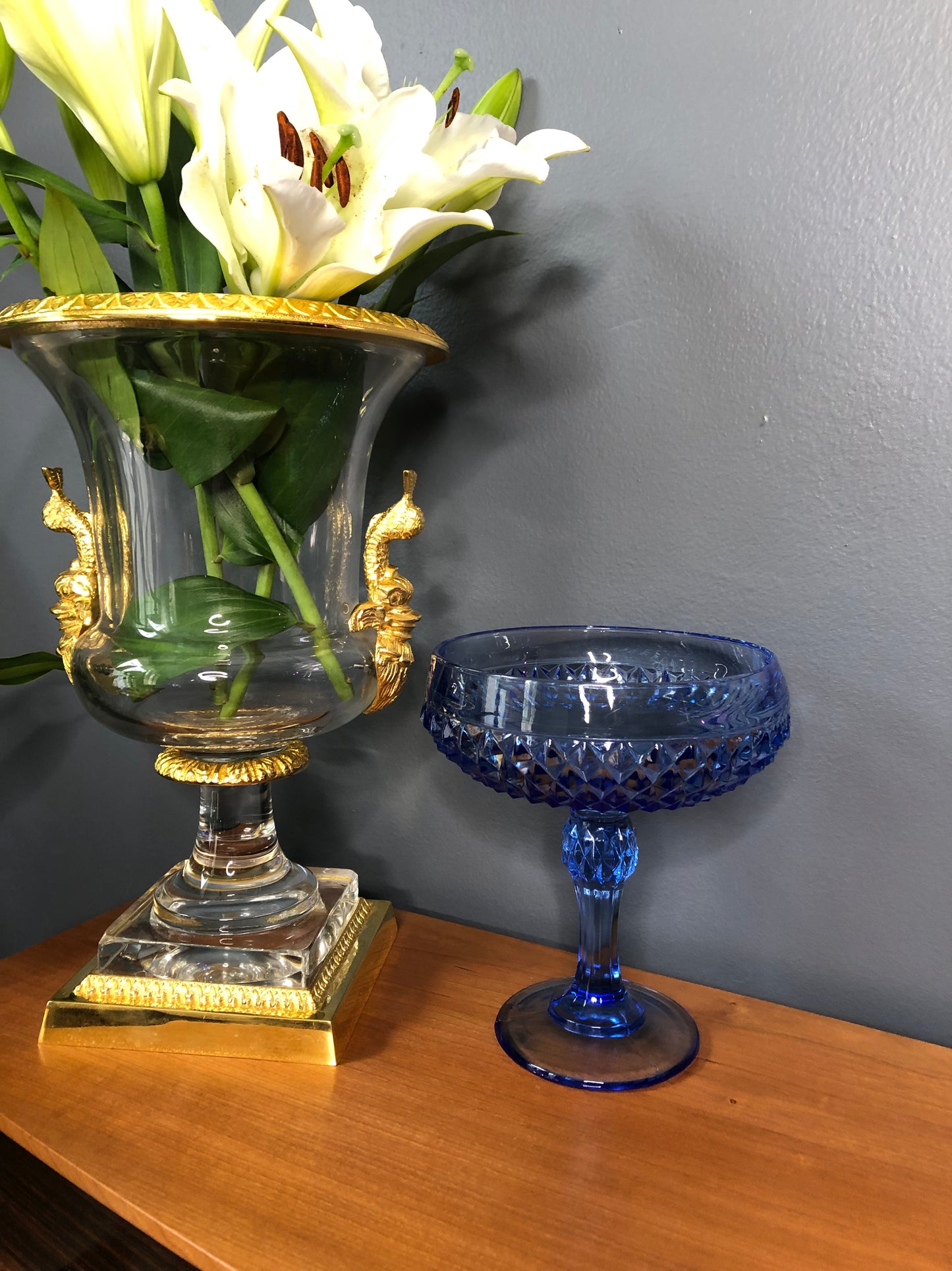 Vintage Indiana Glass Blue Diamond Pedestal Compote - Pristine!