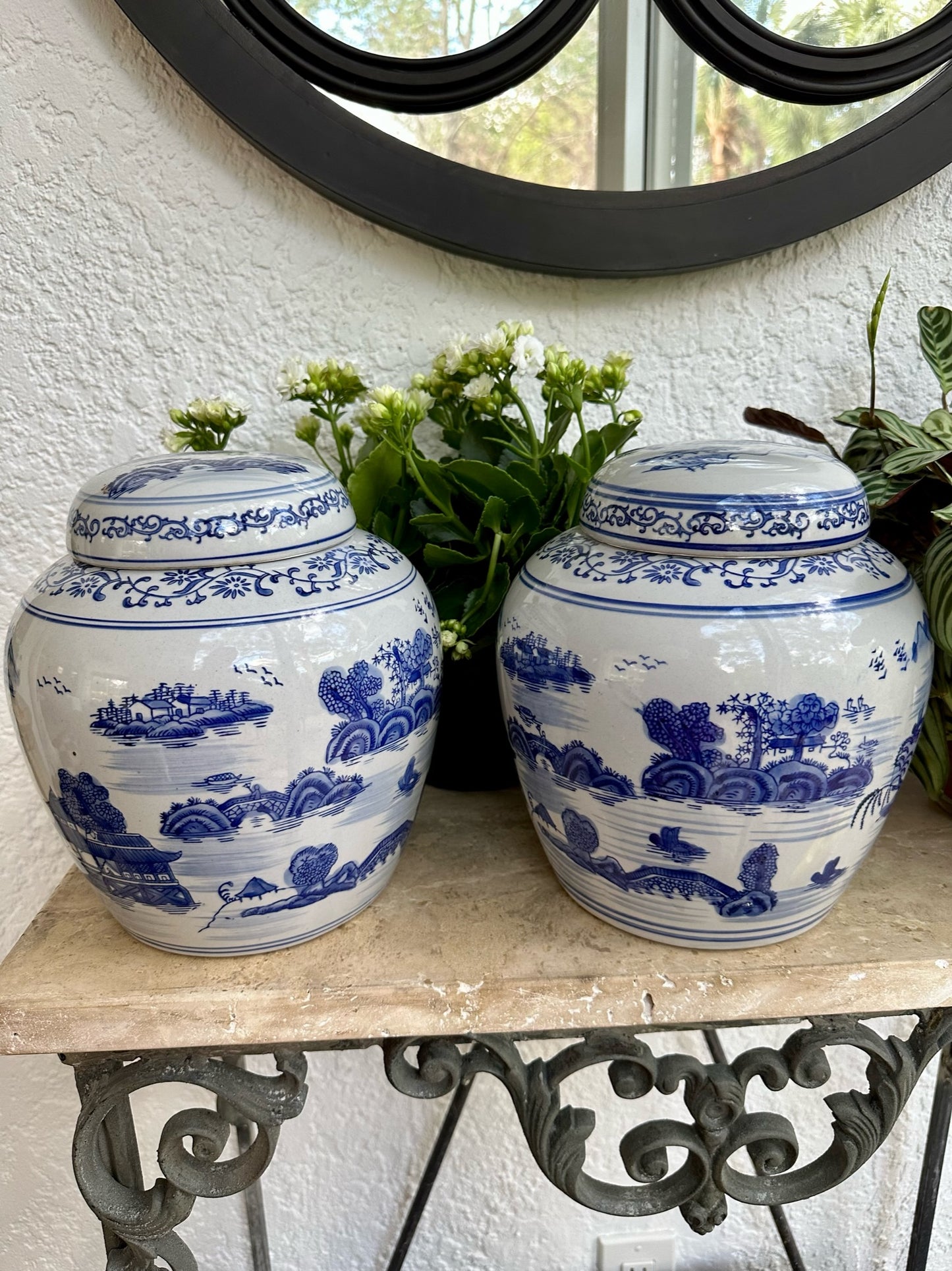 Fabulous Pair of Blue & White Pagoda Motif Ginger Jars