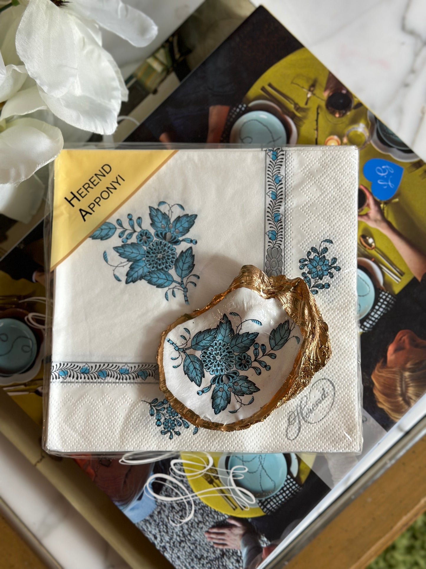 Herend Chinese Bouquet, Turquoise & Silver Napkin + Oyster Shell Gift Set