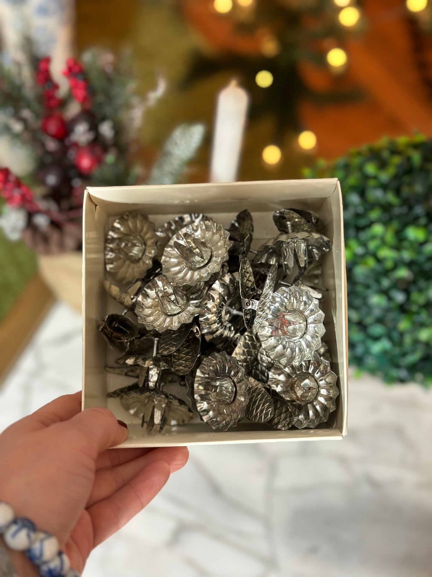 antique, 19th-century Victorian traditional tin clip-on Christmas tree candle holder clips, 18 total