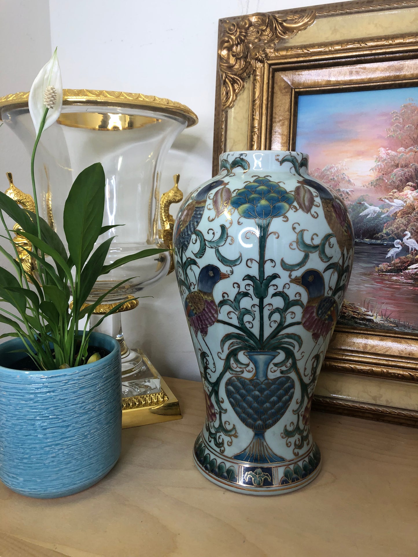 Beautiful Vintage Pale Blue 11” tall vase with detailed birds and flowers - Pristine!