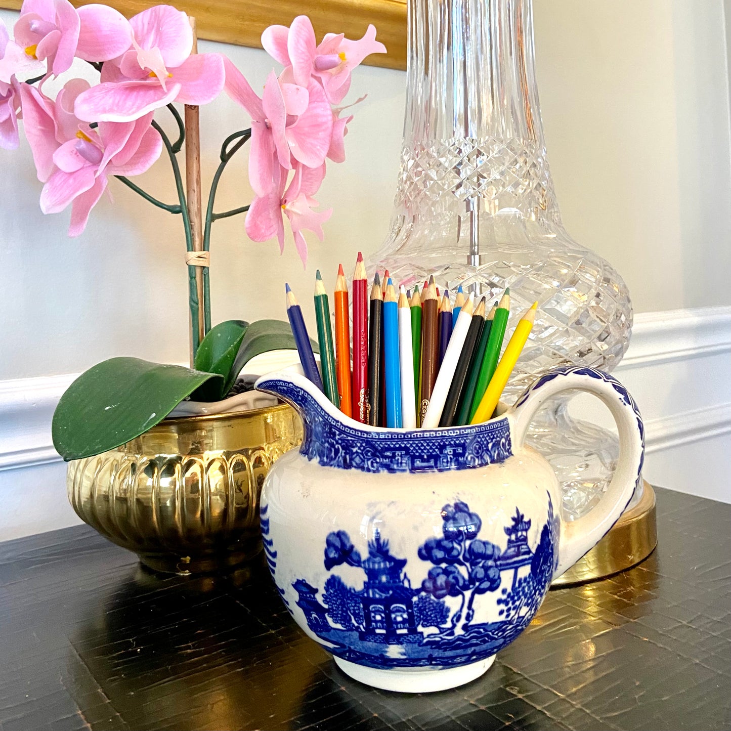Vintage blue willow blue & white porcelain pitcher.