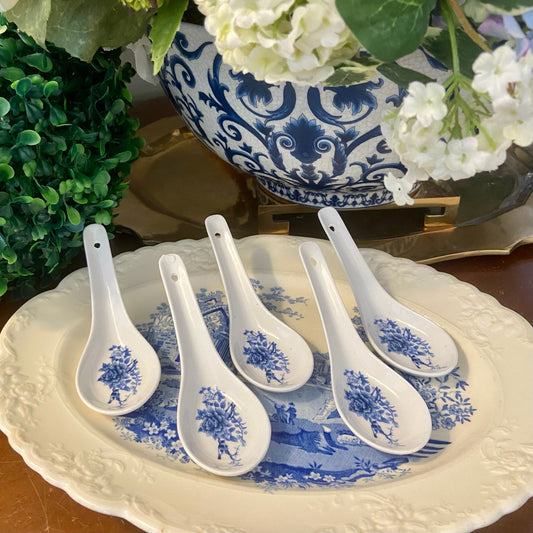 Set of 5 blue & white botanical porcelain spoons