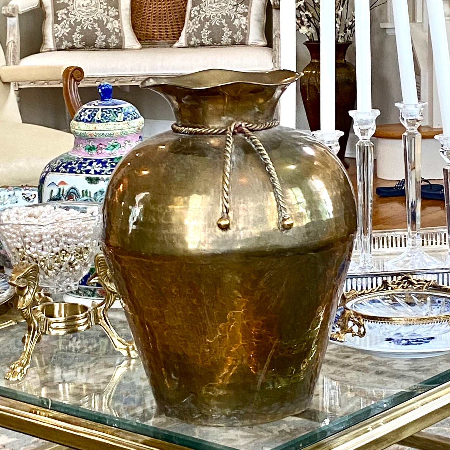 Massive designer  vintage hammered brass large floor vase centerpiece planter