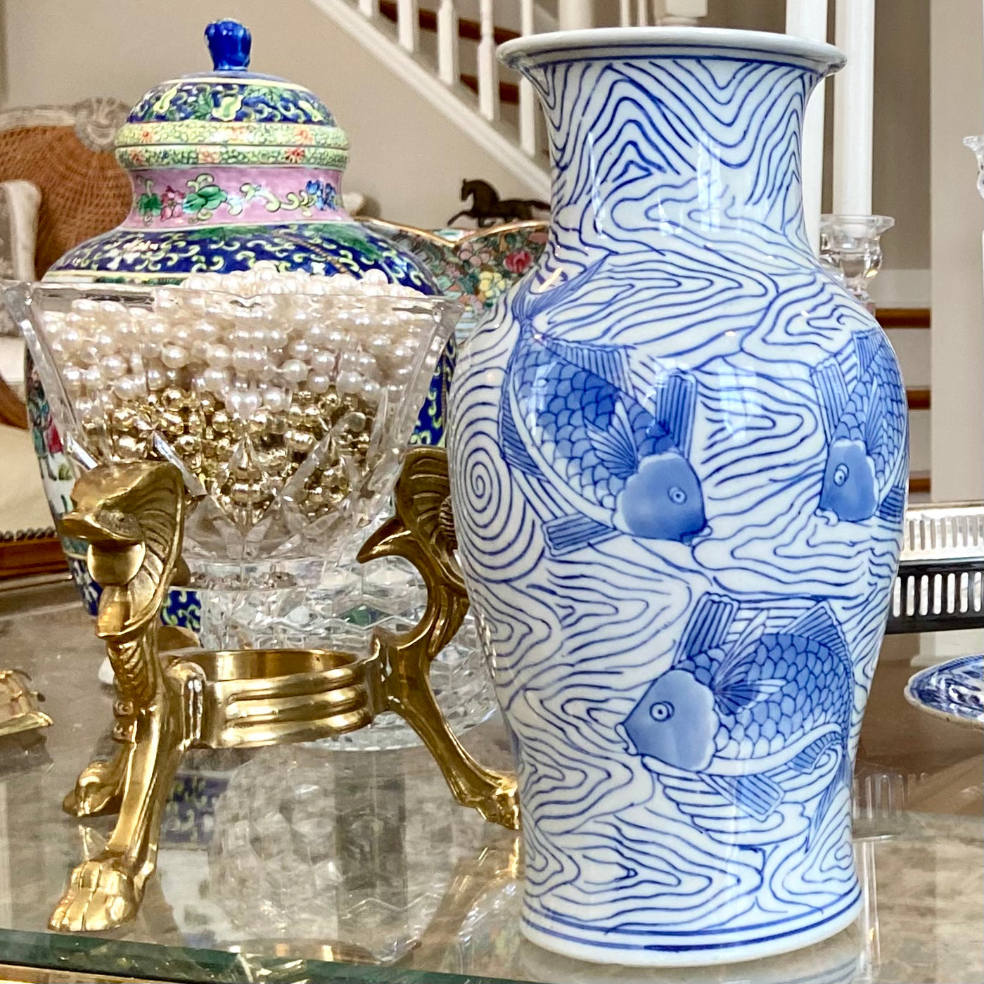 Vintage chinoiserie blue & white fish ginger jar tall vase.