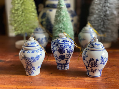 Danny’s Fine Porcelain - (6) Blue & White Porcelain Ginger Jar Ornament Set, 2.5" Tall