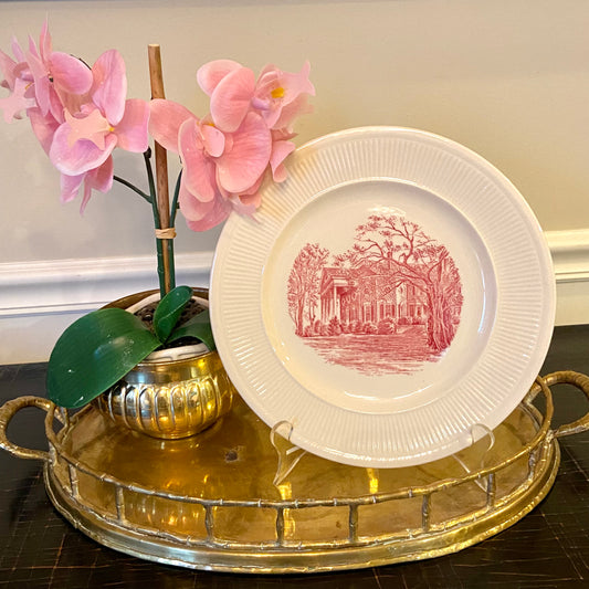 Vintage pink & white toile Staffordshire style plate.