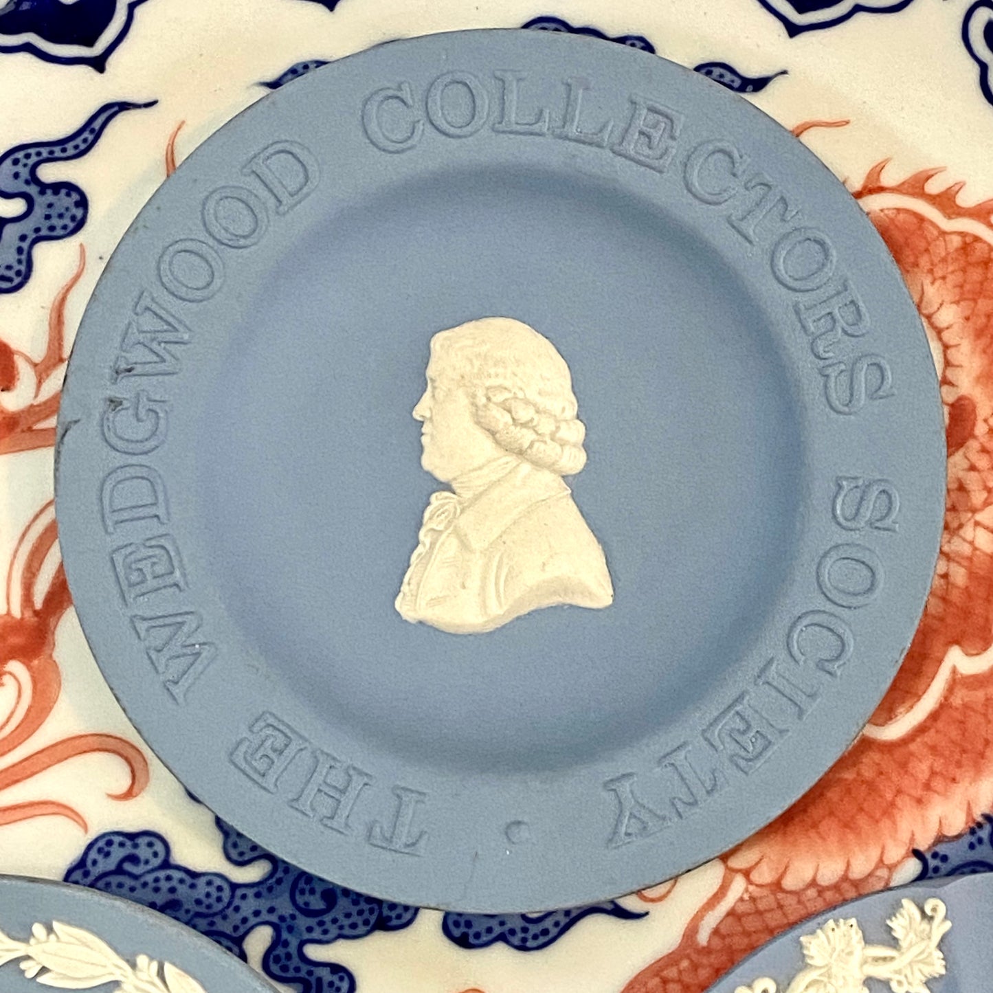 Set of 3 vintage Wedgwood blue jasperware trinket plates, pristine!