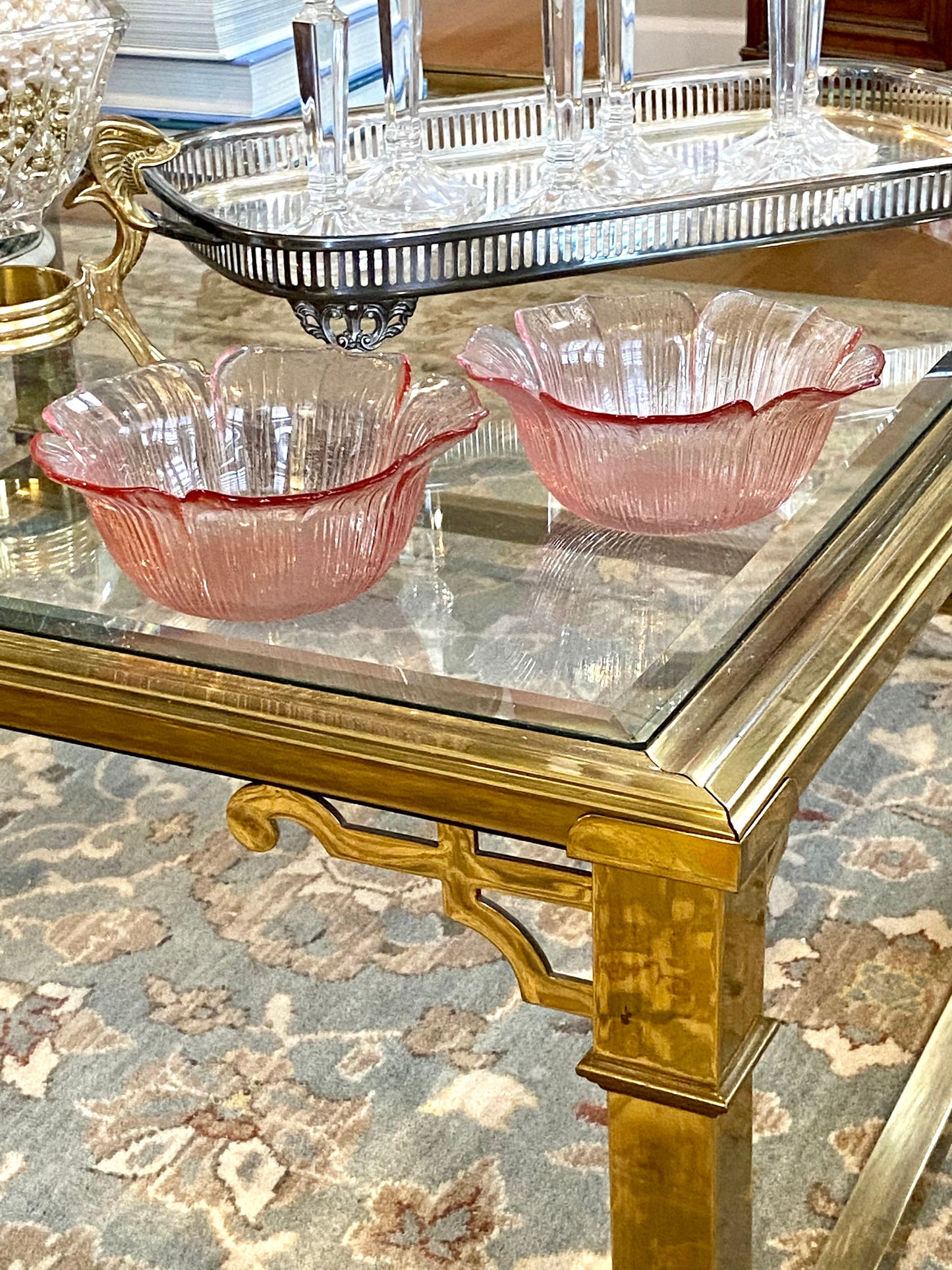 Pair of perfectly pink glass flower dishes by Mikasa