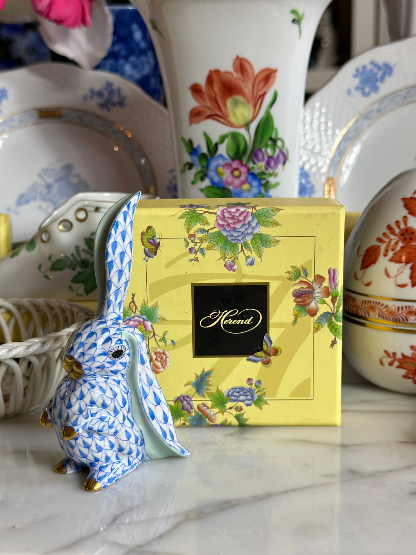 Herend Blue Fishnet Bunny Rabbit, One Ear Up, 4” tall, Retail $340 - Pristine!