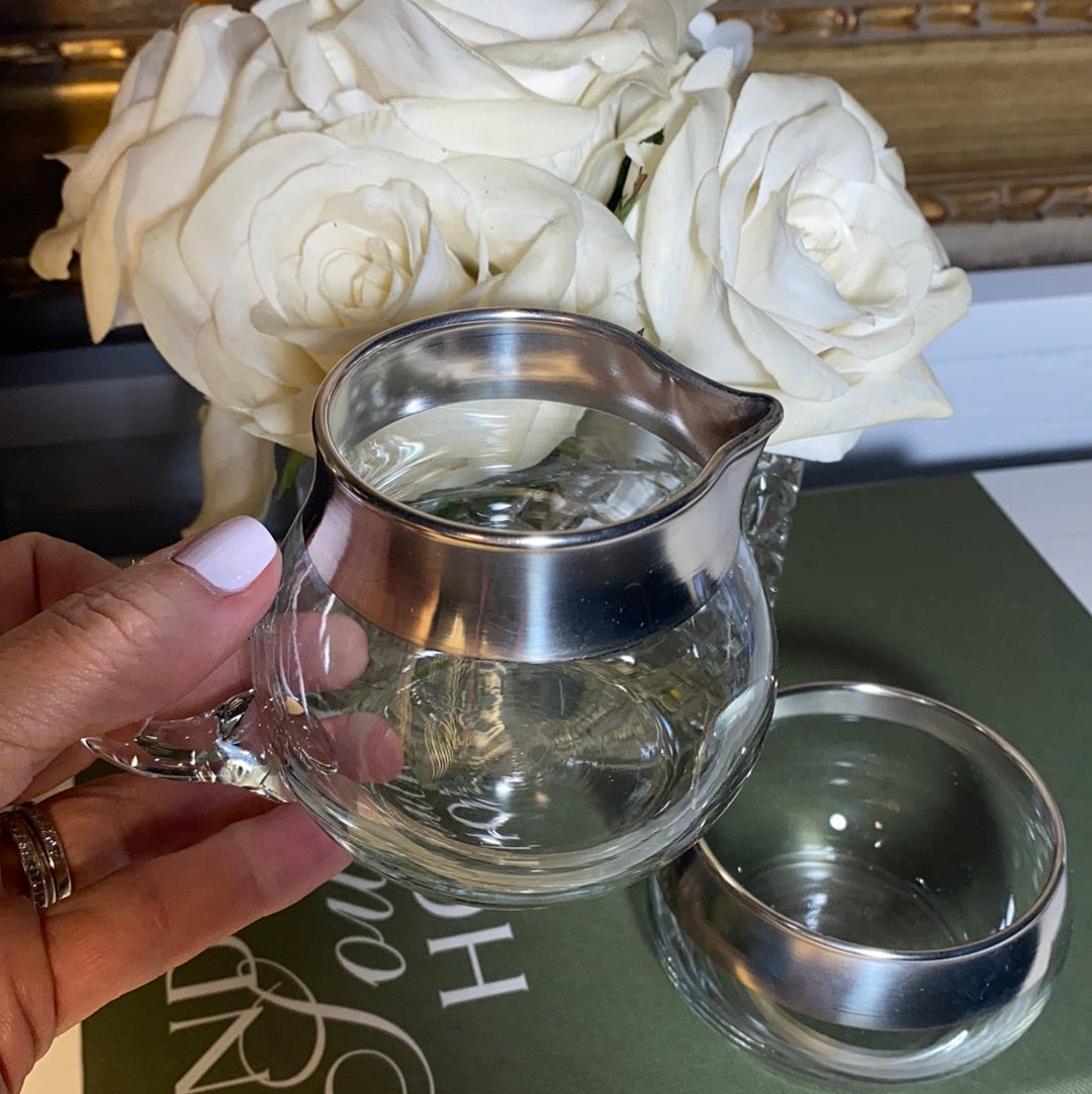Timeless Elegance: Vintage Glass Sugar and Creamer Set with Sleek Metal Rim - Elevate Your Tea Time Experience!