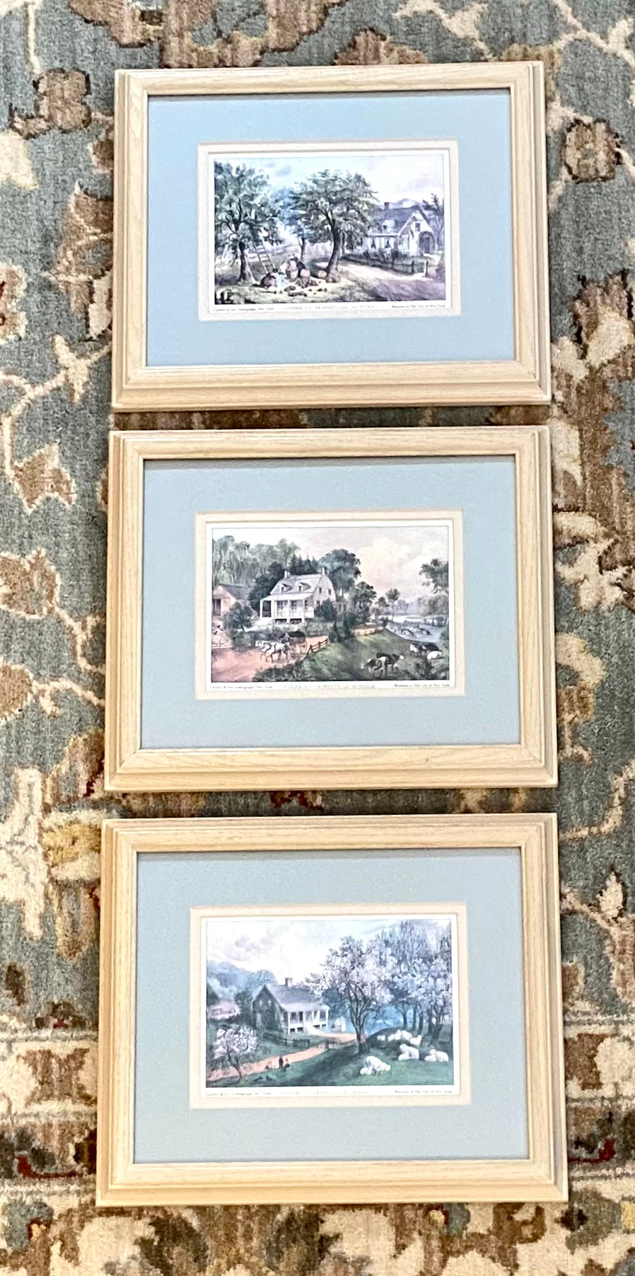 Set of three custom framed Currier & Ives Lithographs wall art .