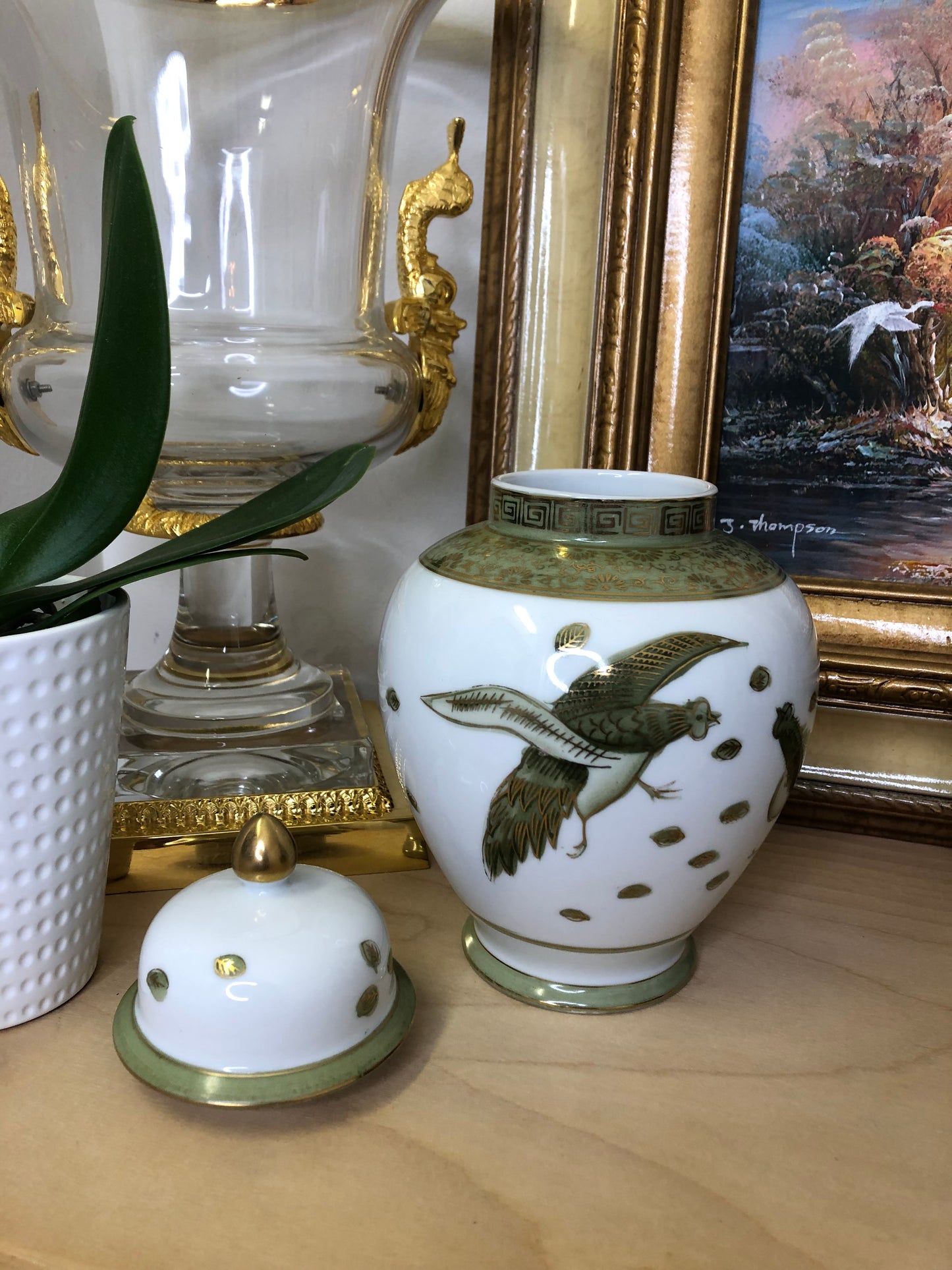 Vintage Andrea by Sadek green and white ginger jar/vase- Pristine!