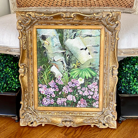 Beautiful Vintage birch tree & botanical wall art baroque frame 28x20”
