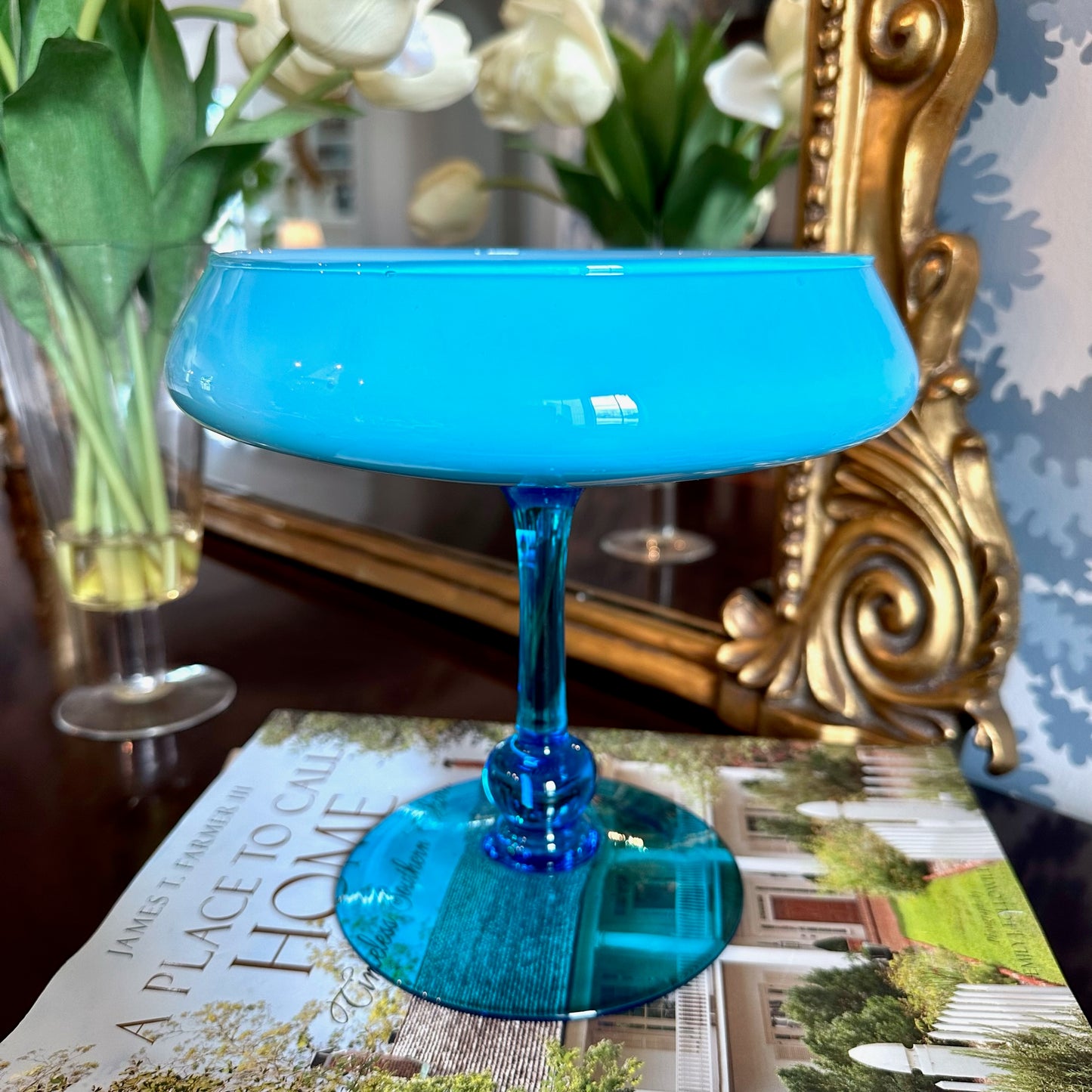 Stunning vintage aqua blue glass hand blown pedestal dish bowl