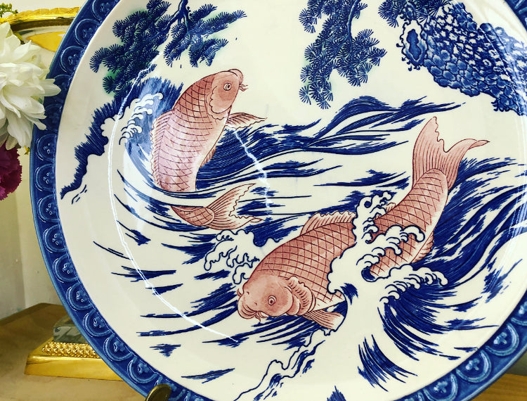 Beautiful Vintage Blue and White 14” Koi Charger - Pristine!