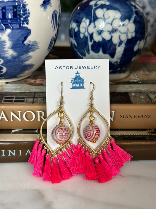 Chinoiserie Pink Tassel Dangle Earrings - Made in U.S.A