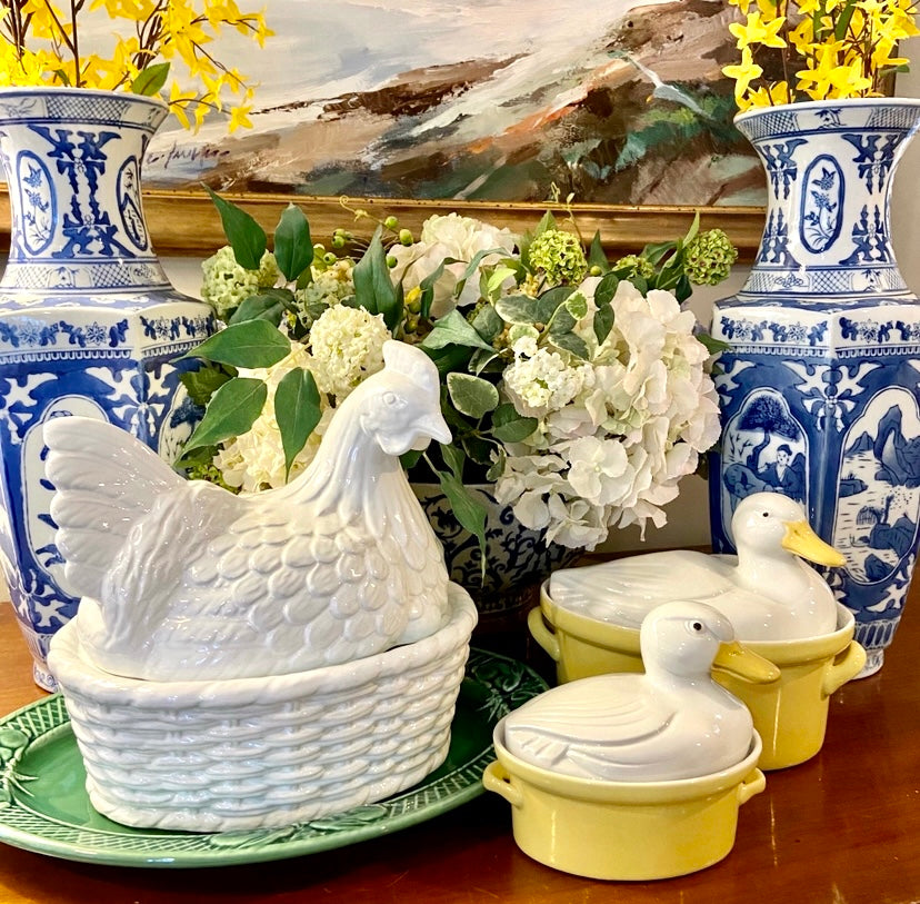 Massive Vintage white rooster lidded basket weave bowl serving or centerpiece