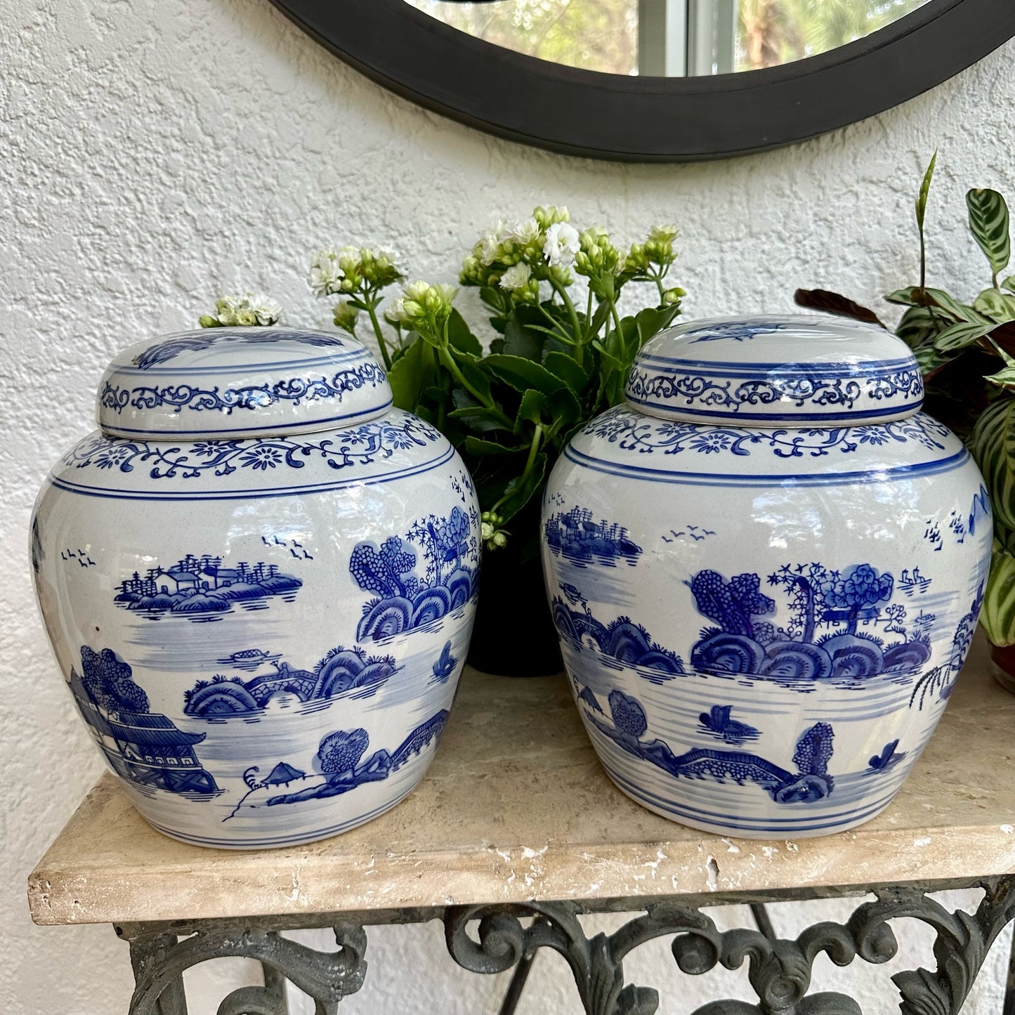 Fabulous Pair of Blue & White Pagoda Motif Ginger Jars