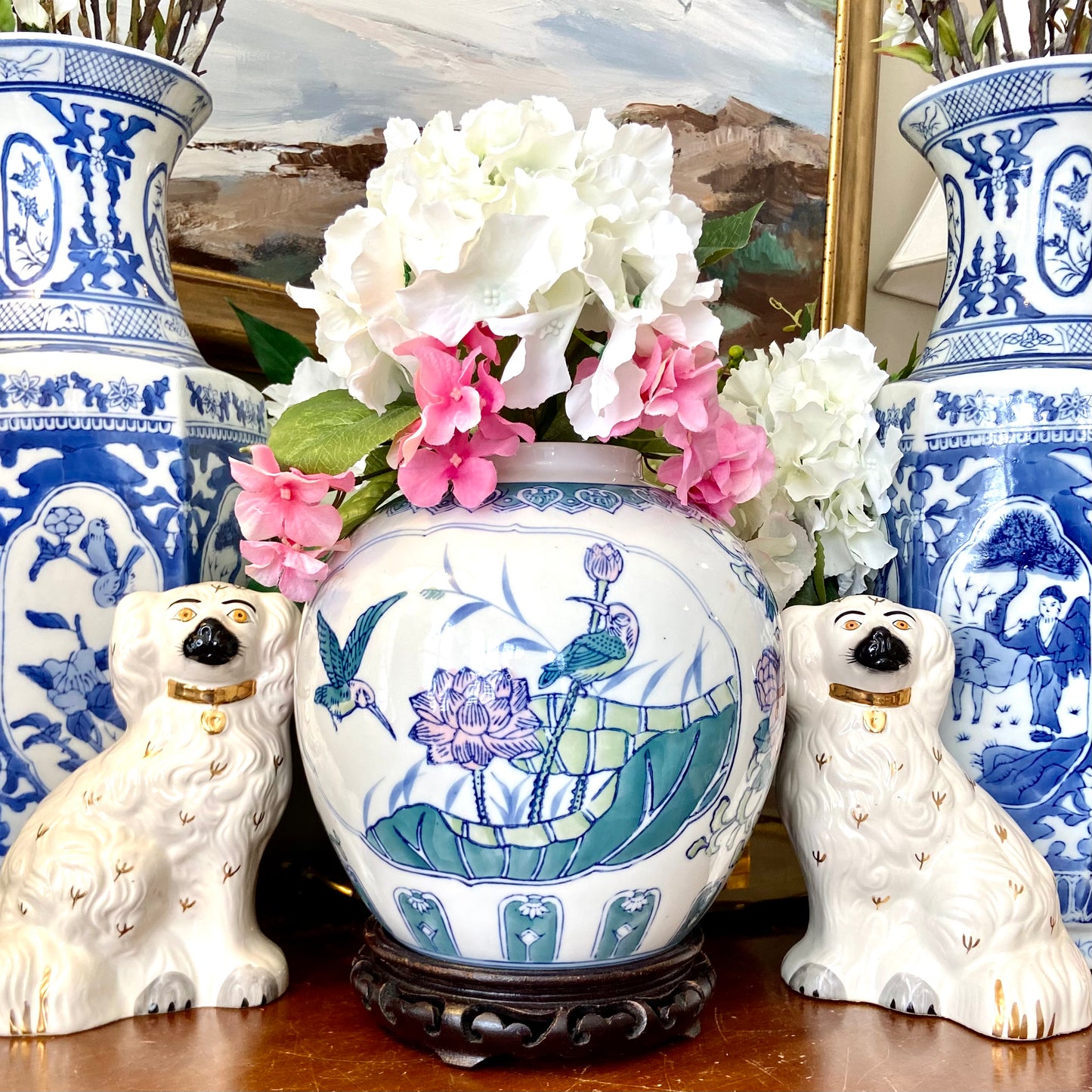 Massive chinoiserie ginger jar with bird and botanical design
