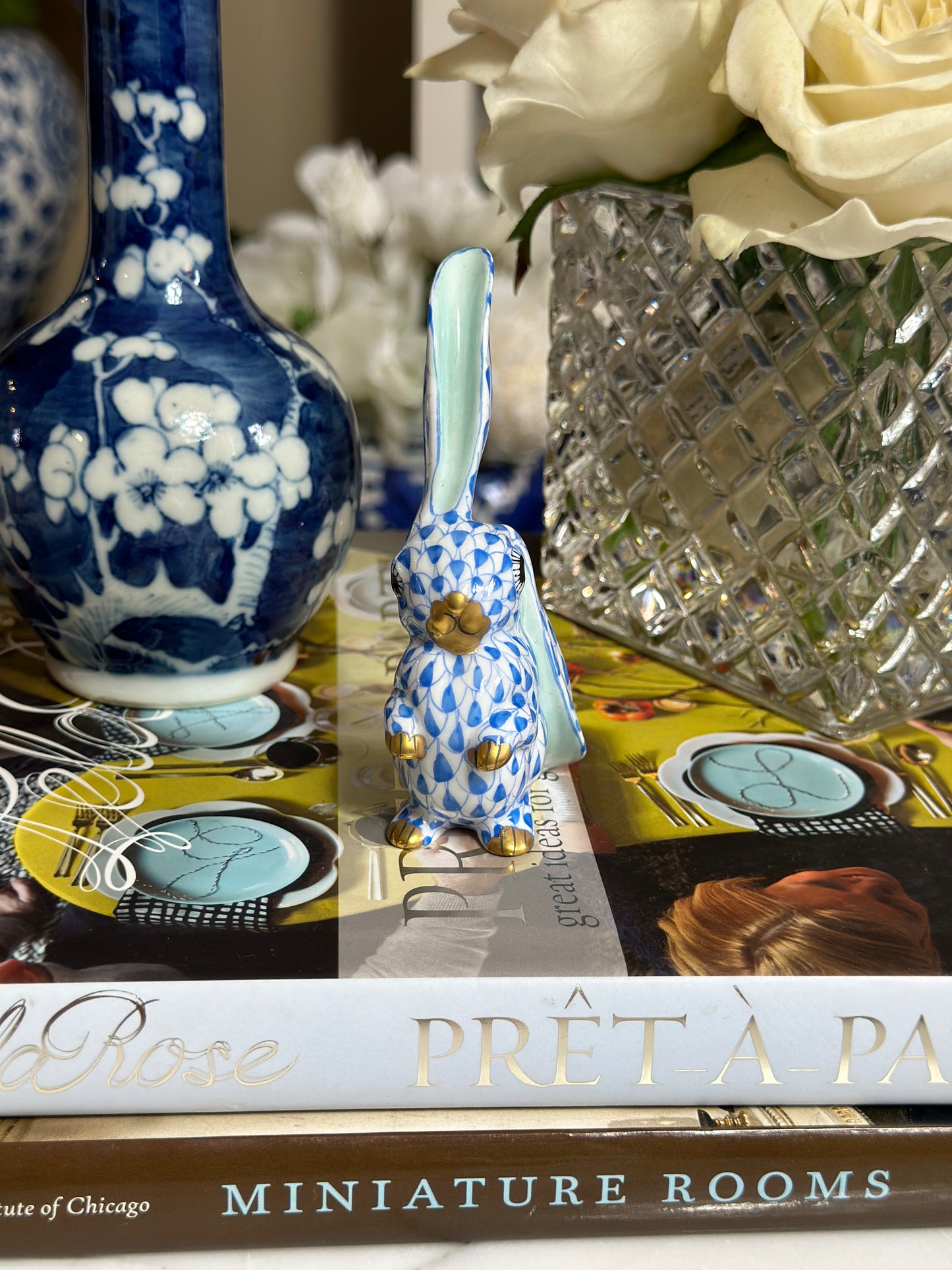 Herend Blue Fishnet Bunny Rabbit, One Ear Up, 4” tall, Retail $340 - Pristine!