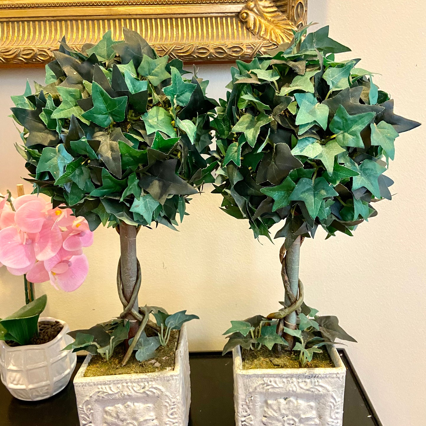 Pair of tall Faux Topiaries mantle piece decor