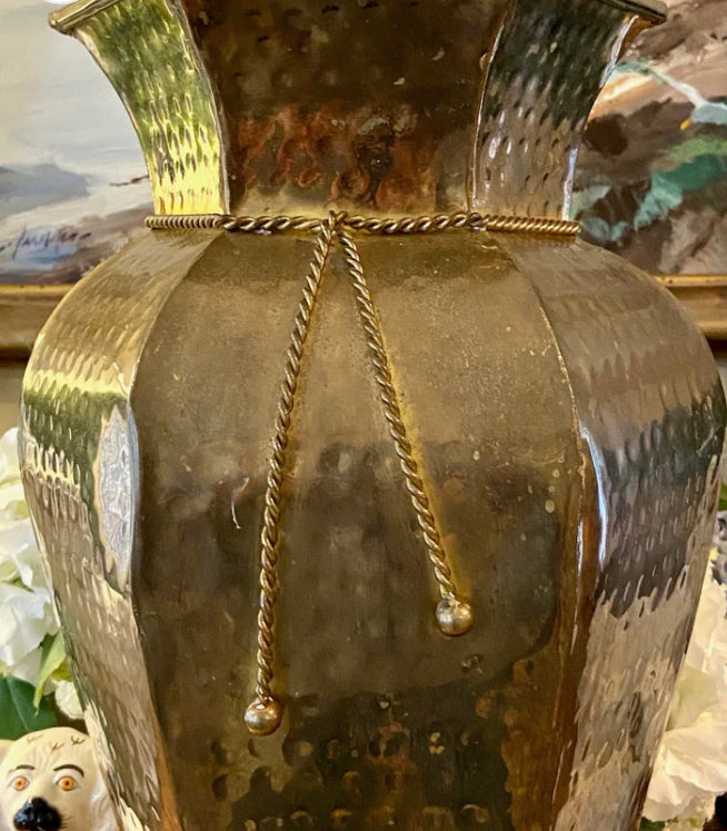 Impressive size tall  hammered brass floor vase.