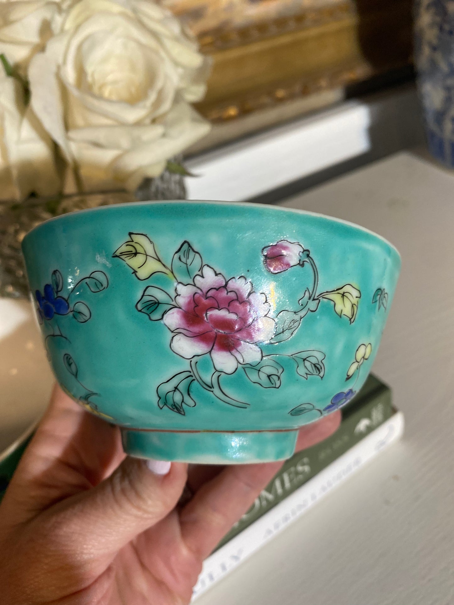 Chinese Antique Porcelain Floral Bowl with Turquoise Enamel - Qianlong or Early Republic Era