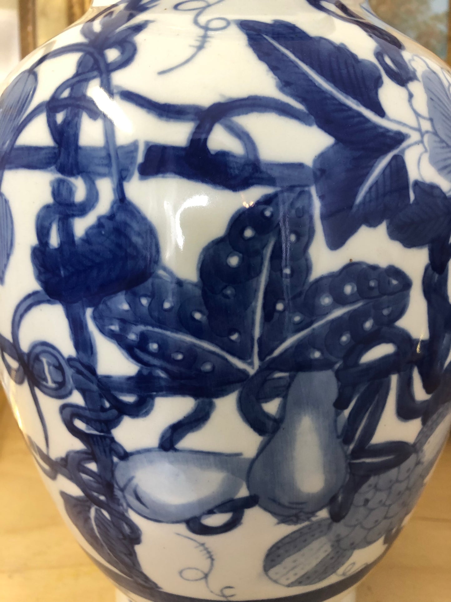 Beautiful blue and white 12” vase with tobacco leaf style accents - Excellent Condition!