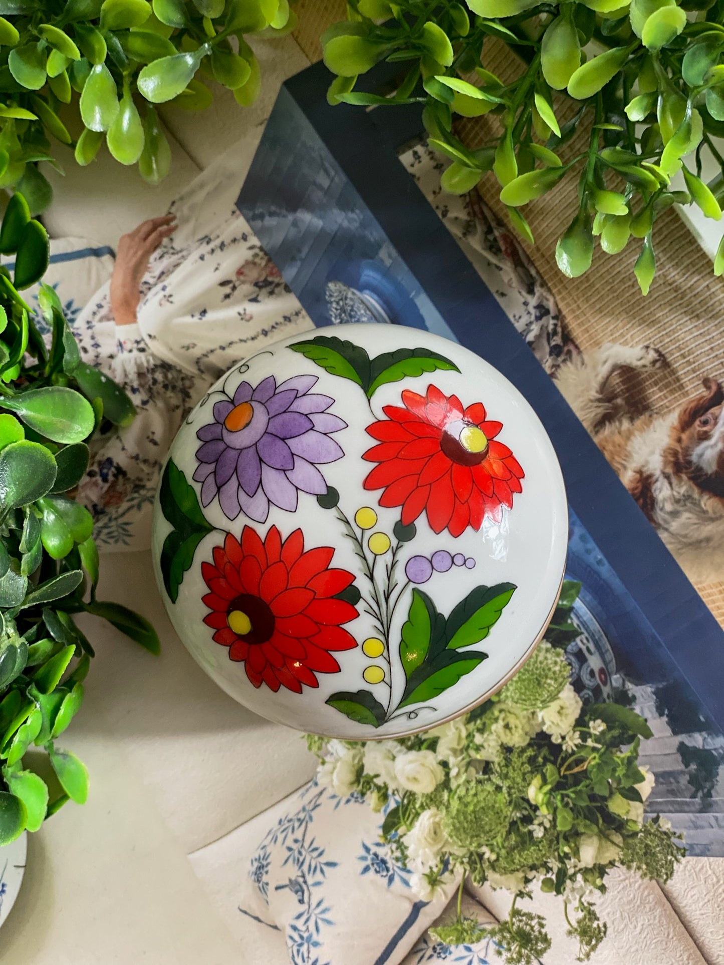 Vintage Floral Porcelain Bonbier Trinket Box, Made in Hungary 3.25"D